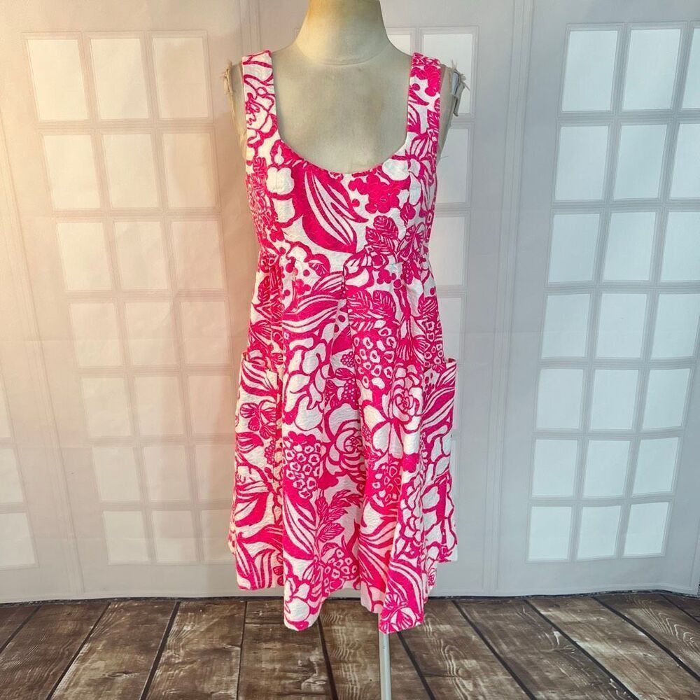 Anthropologie Vanessa Virginia Hot Pink White Jacquard Fit & Flare Dress Size 4